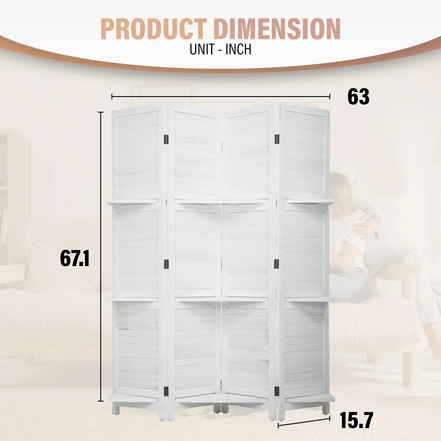 4 Panels Wooden Room Divider with Shelves & Storage, Folding Privacy Screen for Home Office Partition Wall, White, Customized