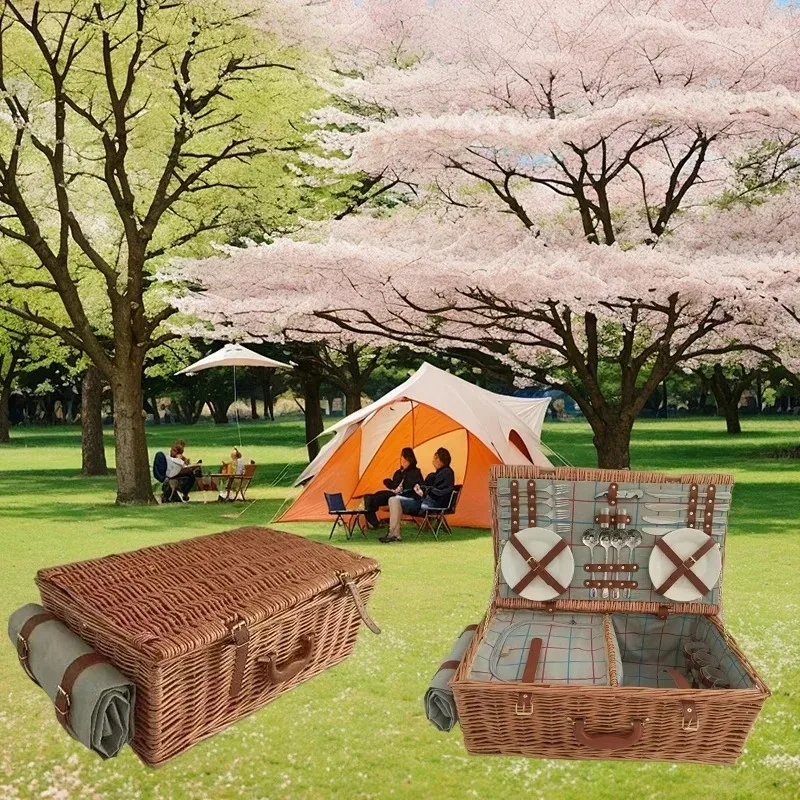 Willow Picnic Basket 4 Person Outdoor Wicker Hamper Set Plates Cutlery