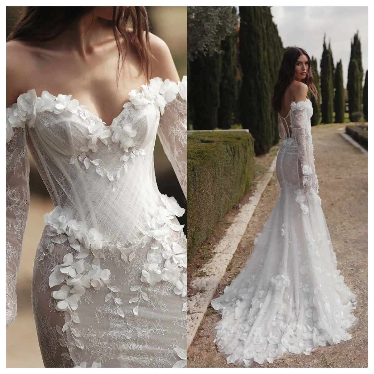 

Customized High Quality White Lace Evening Dress Boat Neck Off the Shoulder Long Sleeves Bespoke Occasion Gowns Bridal Gowns