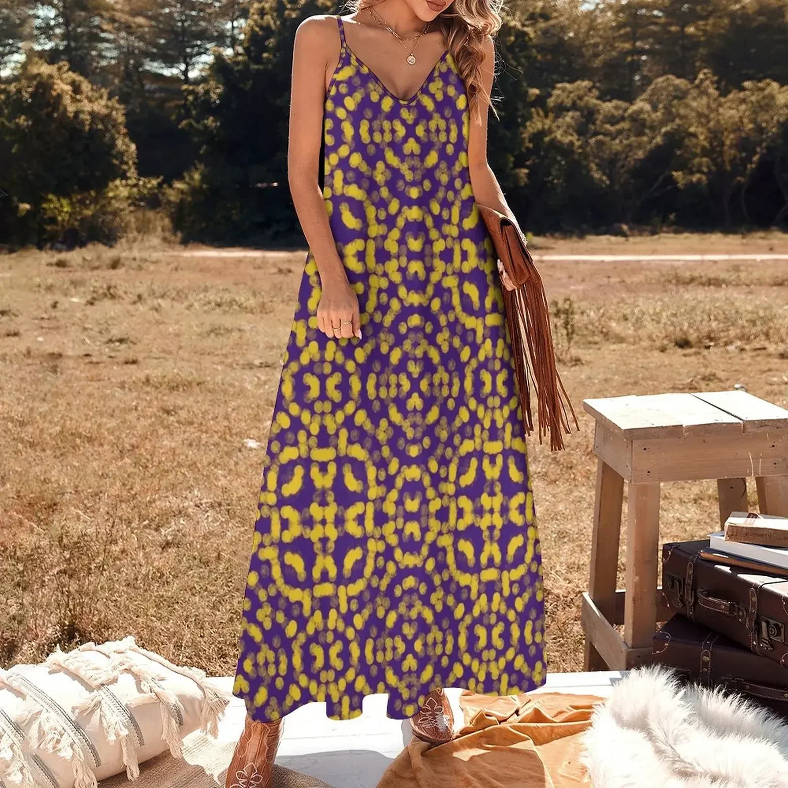 Artsy roxo e ouro amarelo jogo dayPattern vestido sem mangas vestidos casuais vestido longo feminino vestido de verão