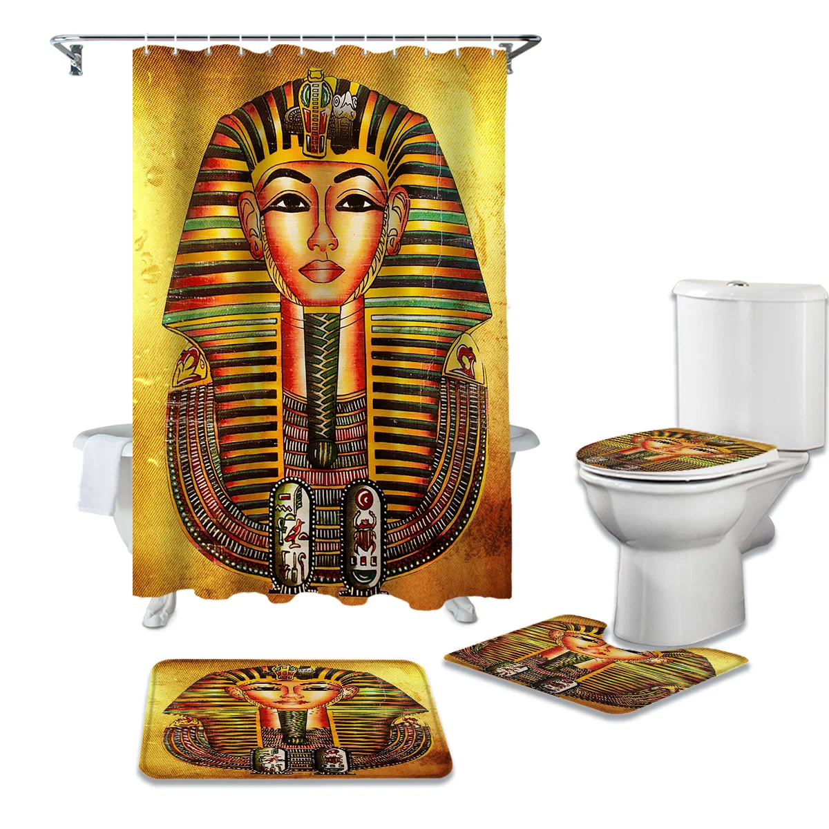 Pharaoh Egyptian Art Retro Style Yellow Shower Curtain Sets Non-Slip Rugs Toilet Lid Cover and Bath Mat Bathroom Curtains Set