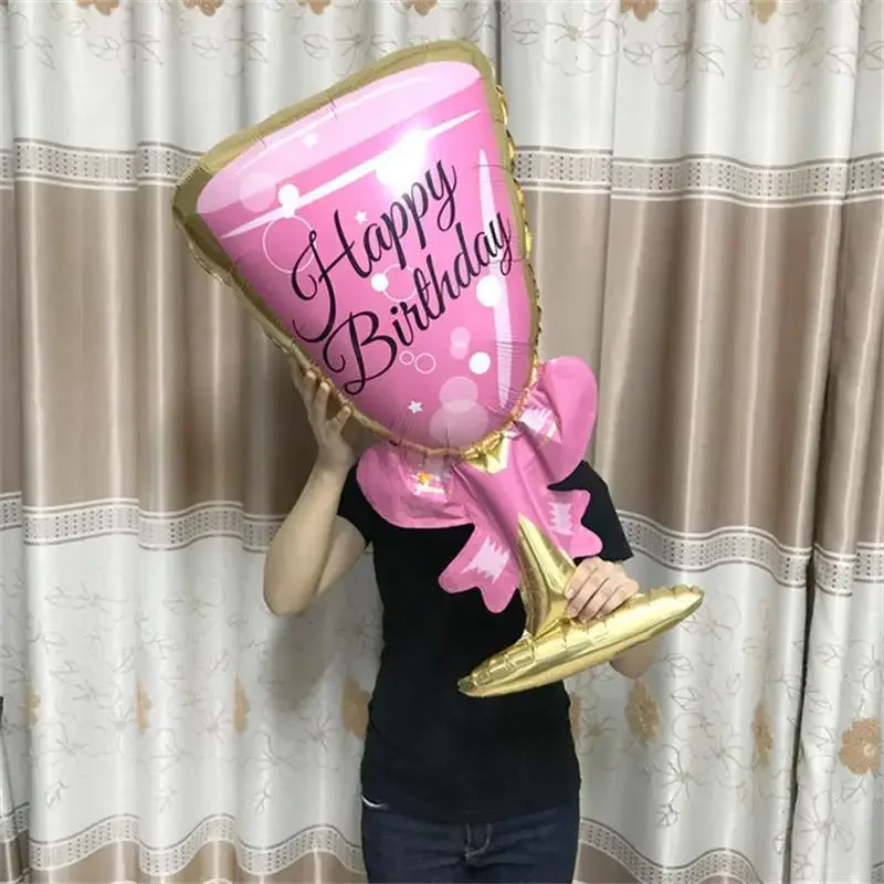 2 Stück Happy Birthday Champagnerflasche und Glas, großer dekorativer Ballon, rosa Schleife, Weinbecher, Hochzeit, Geburtstag, Party-Dekoration – Detail 8
