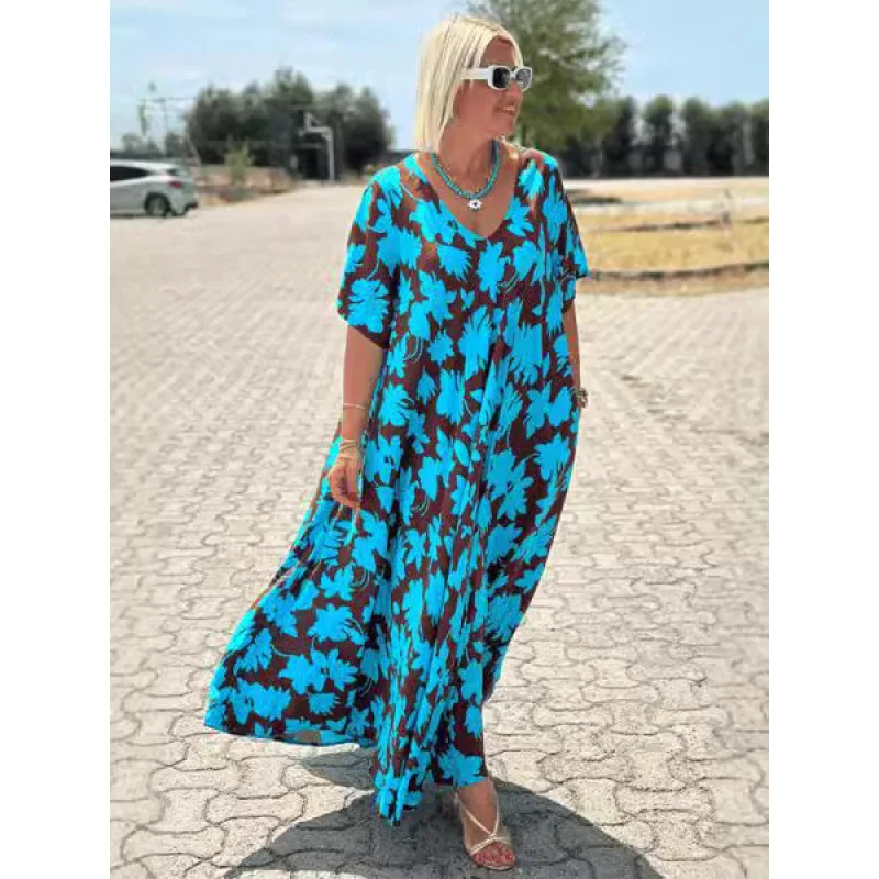 Abito casual stampato allentato Temperamento Pendolarismo Moda donna Scollo a V Manica corta Abito di grandi dimensioni Viaggio Spiaggia Vacanza Stile