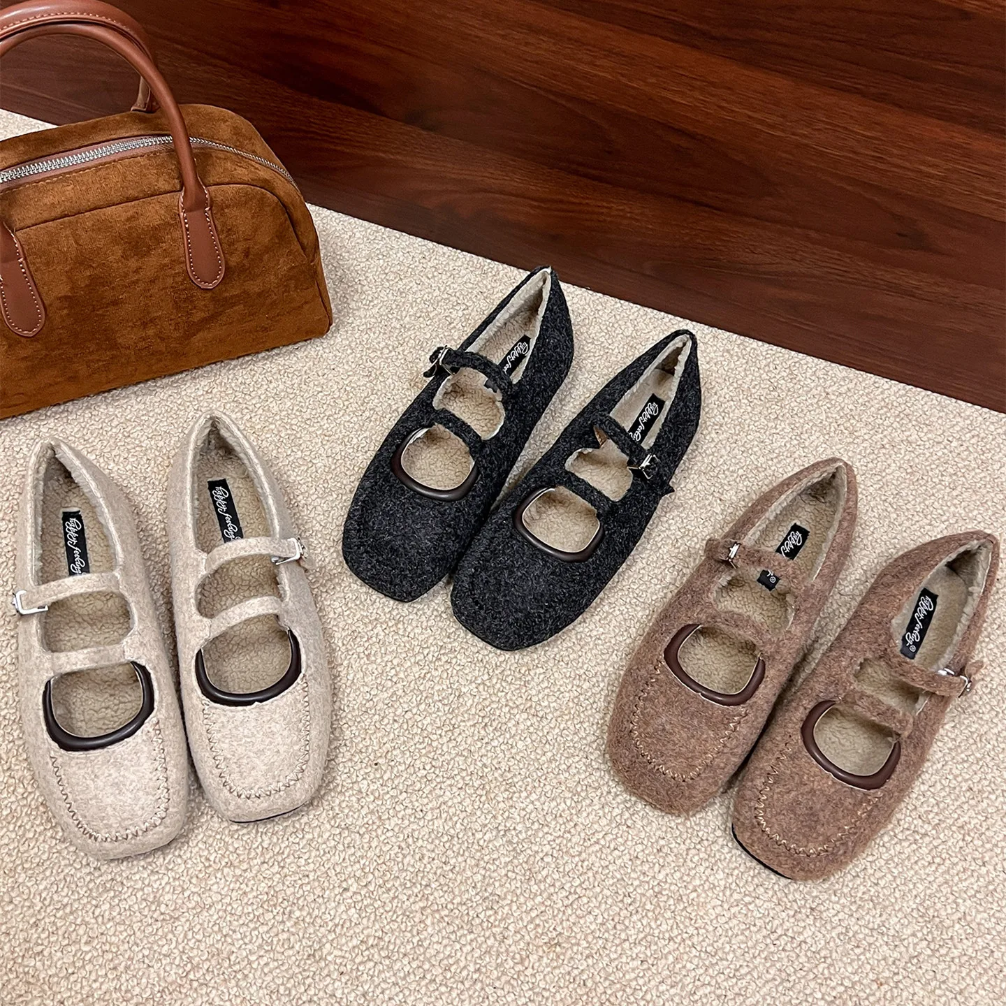 

Bailamos/зимняя женская обувь на плоской подошве с мехом, женская повседневная теплая обувь Мэри Джейн, уличные балетки с квадратным носком на мягкой подошве