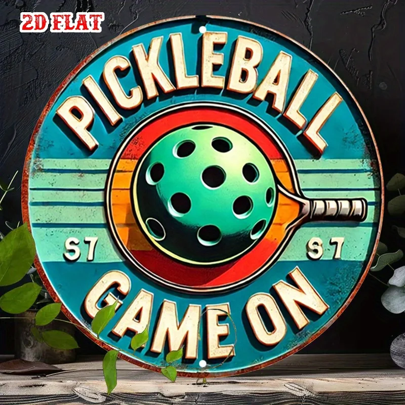 Pickleball Game on a Vintage Round Metal Sign, Retro Colorful Racket and Ball Wall Decoration, Suitable for Pickleball Enthusiasts 3 Sold