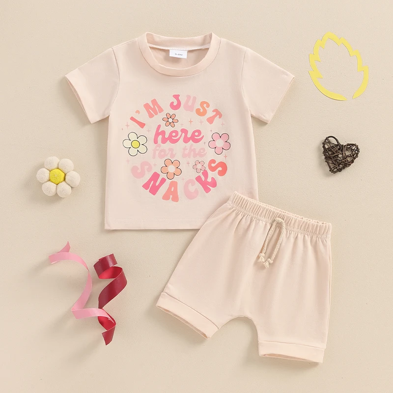 Toddler Baby Girl Summer Sand Short Sleeve T-Shirt Letter Print Elastic Pullover Solid Color Tracksuit Outfit Clothes 2PCS Set