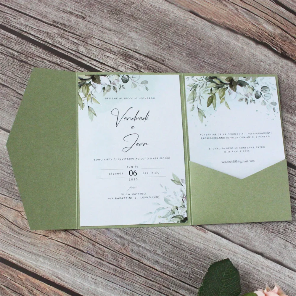 

Olive Green Wedding Invitation Pocket Envelop, Fit for 5x7 Invitations, Customized Printing Available, 50 Sets