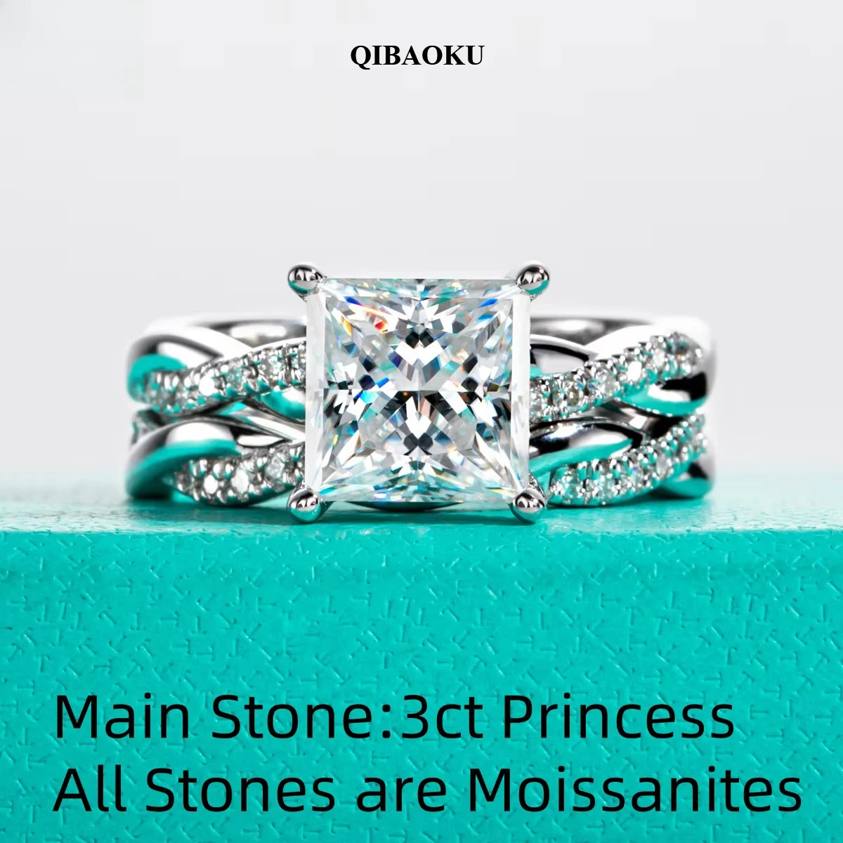 QIBAOKU 3ct Princess D Color Moissanite Engagement Rings Bridal Set S925 Sterling Silver Infinity Promise Ring for Women 2026