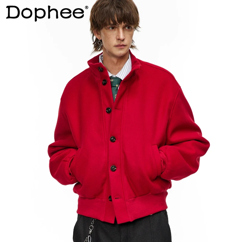 Trendy Stand Collar Parkas Men Women 2025 Winter New Retro Warm Solid Color Tops Single Row Multi-Button Pocket Decorative Coats