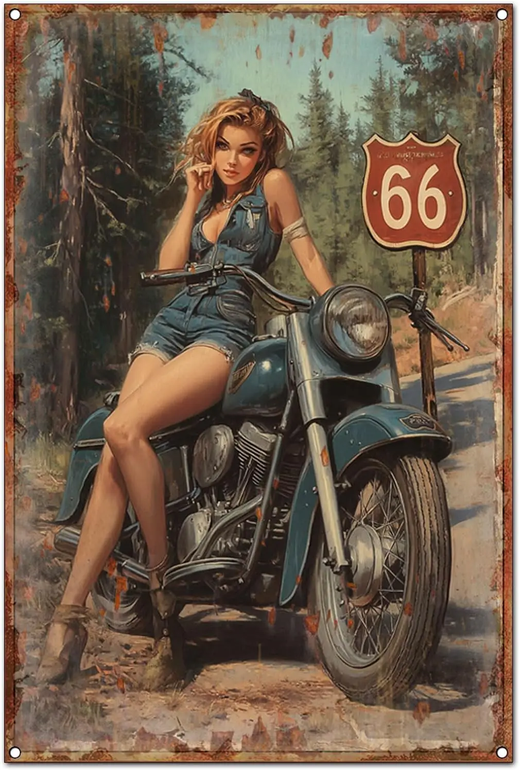 m1, Vintage Retro Girl Theme Tin Signs Wall Art Decoration, Route 66 and Motorcycle Print Poster, Funny And Unique Tin Painting