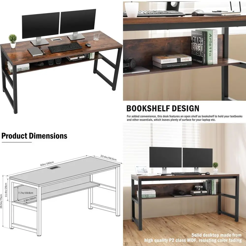 مكتب خشبي بني قوي مع رف وإدارة كابلات، سميك 1.18 (63 طول)