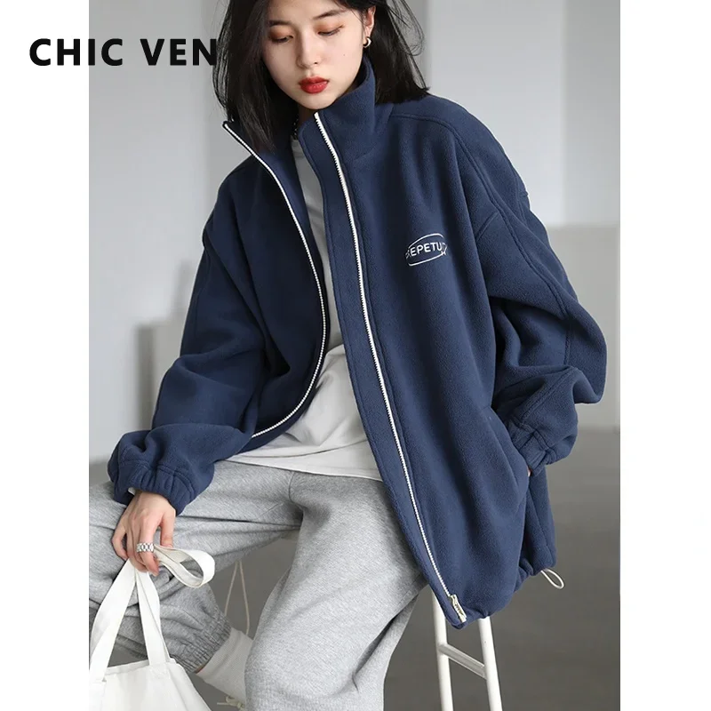 CHIC VEN Women‘s Sweatshirts Warm Thick Fleece Jacket Casual Loose Stand Collar Double Sided Coat Female Lady Autumn Winter 2022