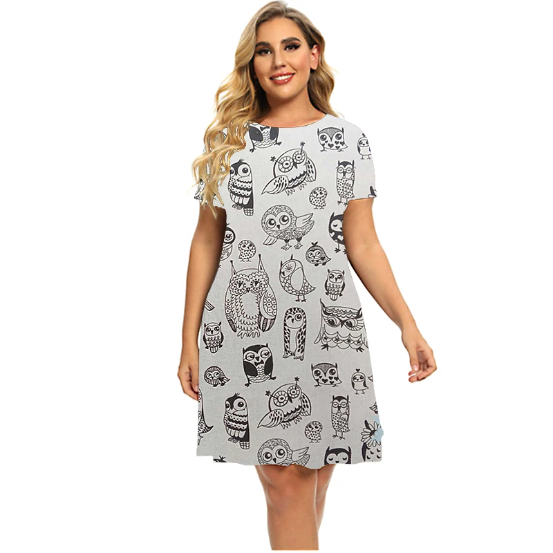 Gato engraçado pintura padrão impressão vestidos feminino manga curta em torno do pescoço a linha vestido verão moda roupas plus size vestido 6xl