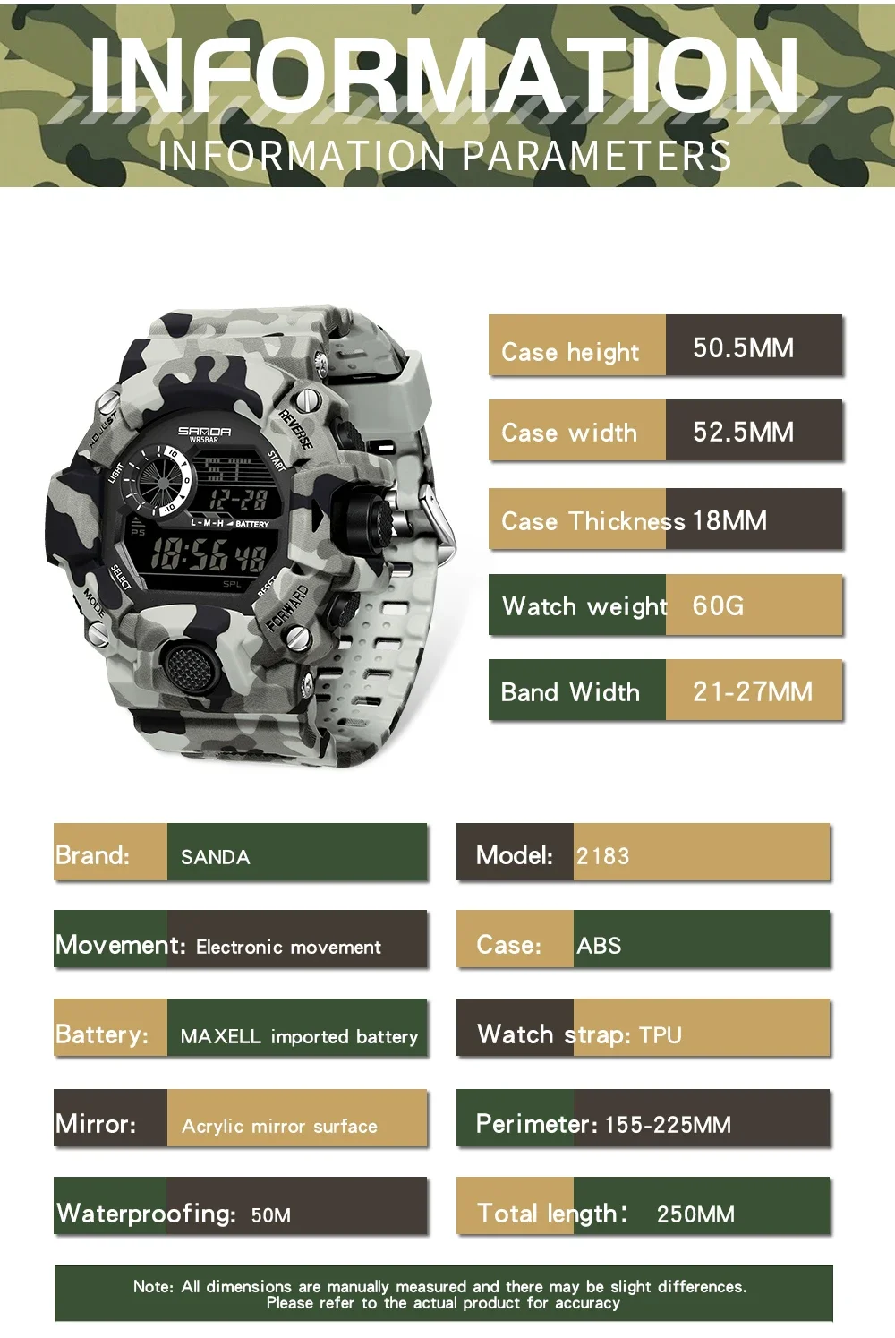 SANDA 2183 electronic watch camouflage military multifunctional waterproof day and night light calendar men\'s electronic watch