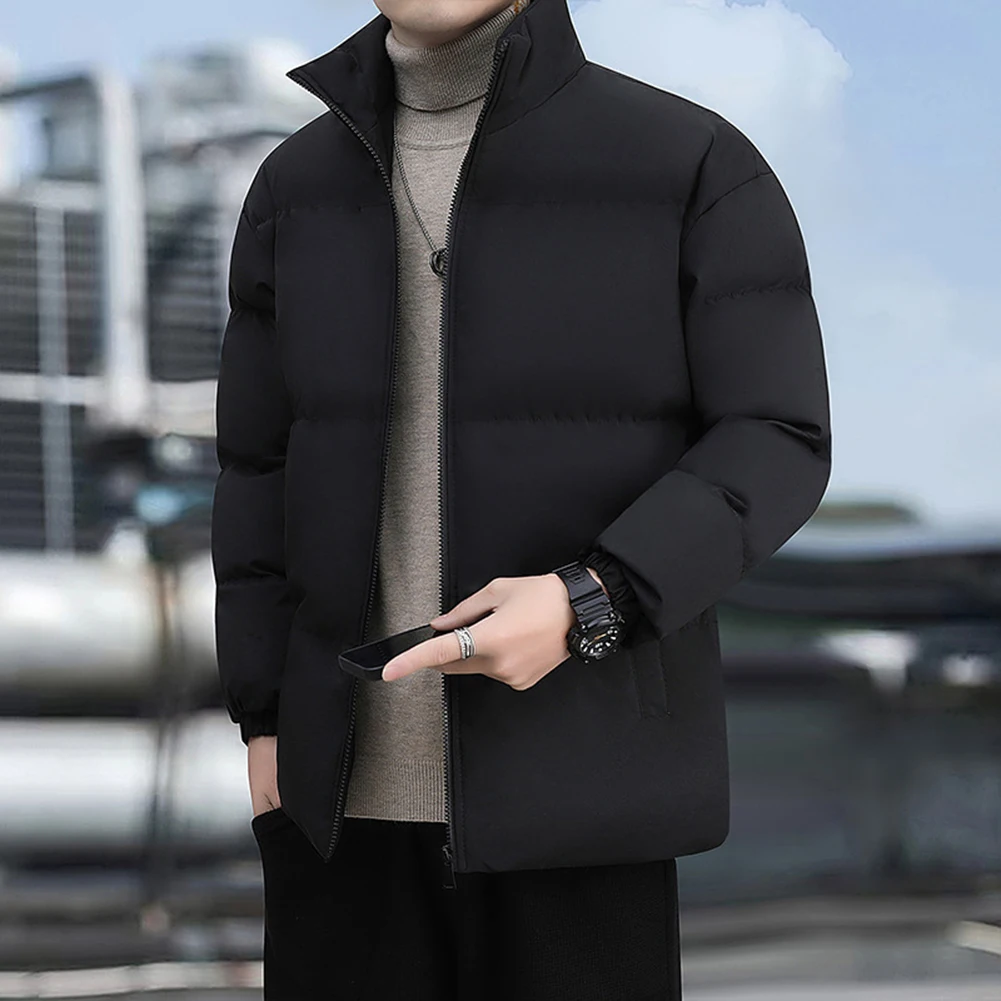 

Thick Warm Men's Casual Parka Jacket with Stand Collar Solid Color Plus Size Outerwear Coat Designed for Comfort and Style