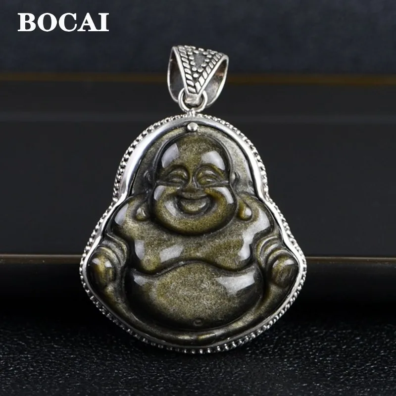 Real S925 Silver Jewelry Vintage Natural Obsidian Carved Maitreya Men and Women Pendant Smile Often Tolerance Love Good Luck