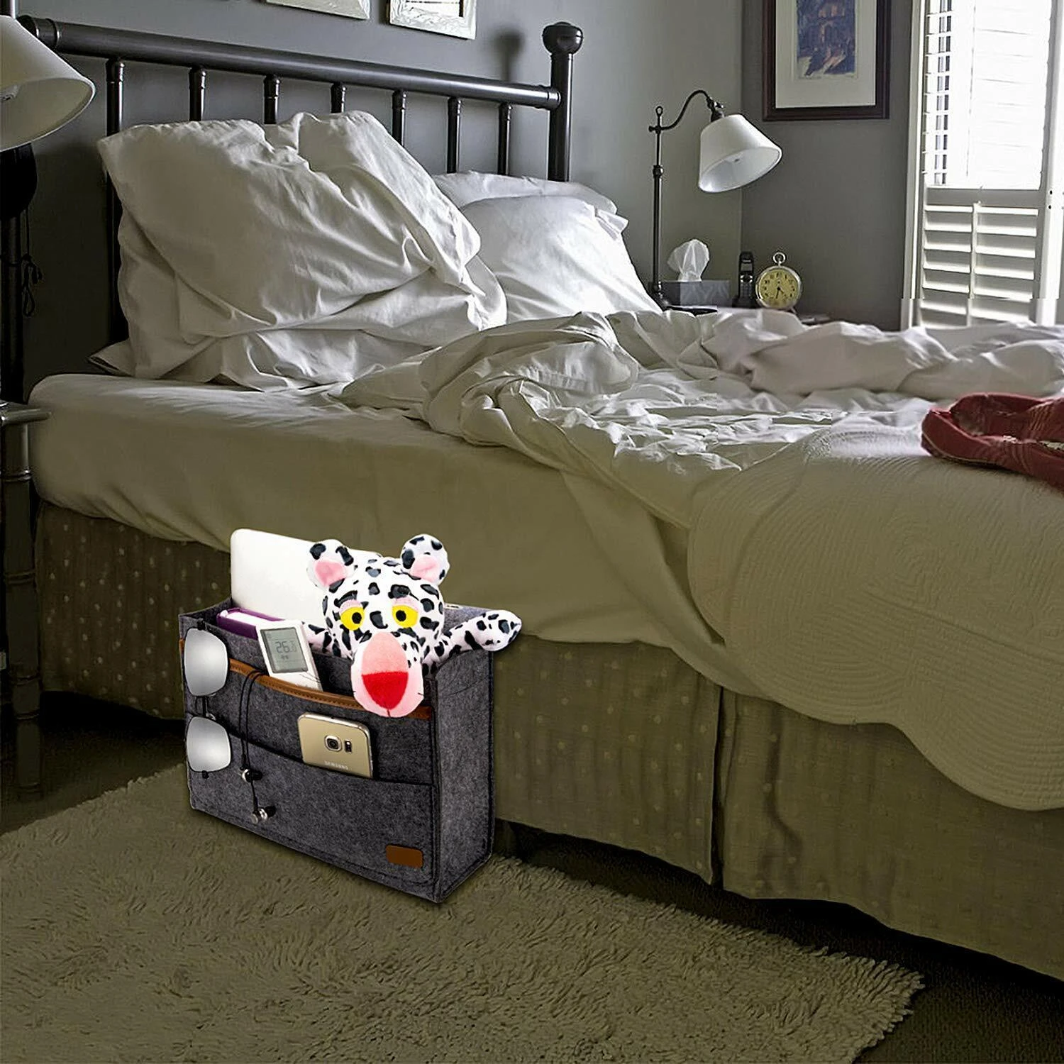 Bedside Caddy Organizer - Classic Fabric with 6 Pockets for Phone & Control - Sofa & Desk Accessory