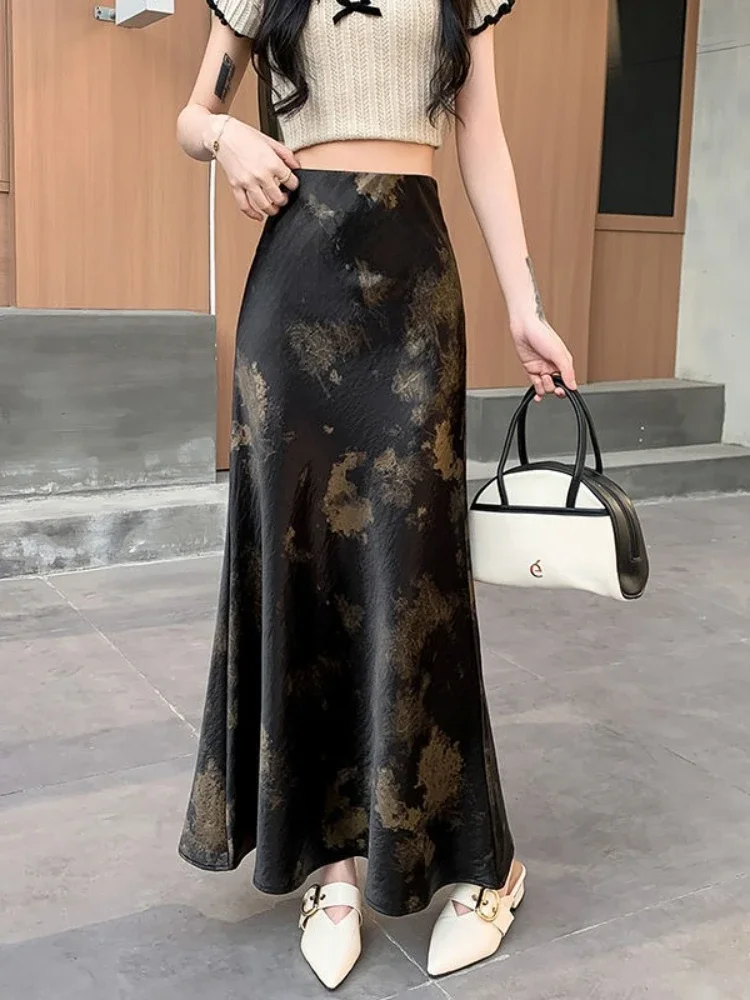 

Acetic Acid Satin Skirt for Women Summer 2025 New Temperament Elegant A-line Women's Skirt Korean Style Fashion Mid Length Skirt