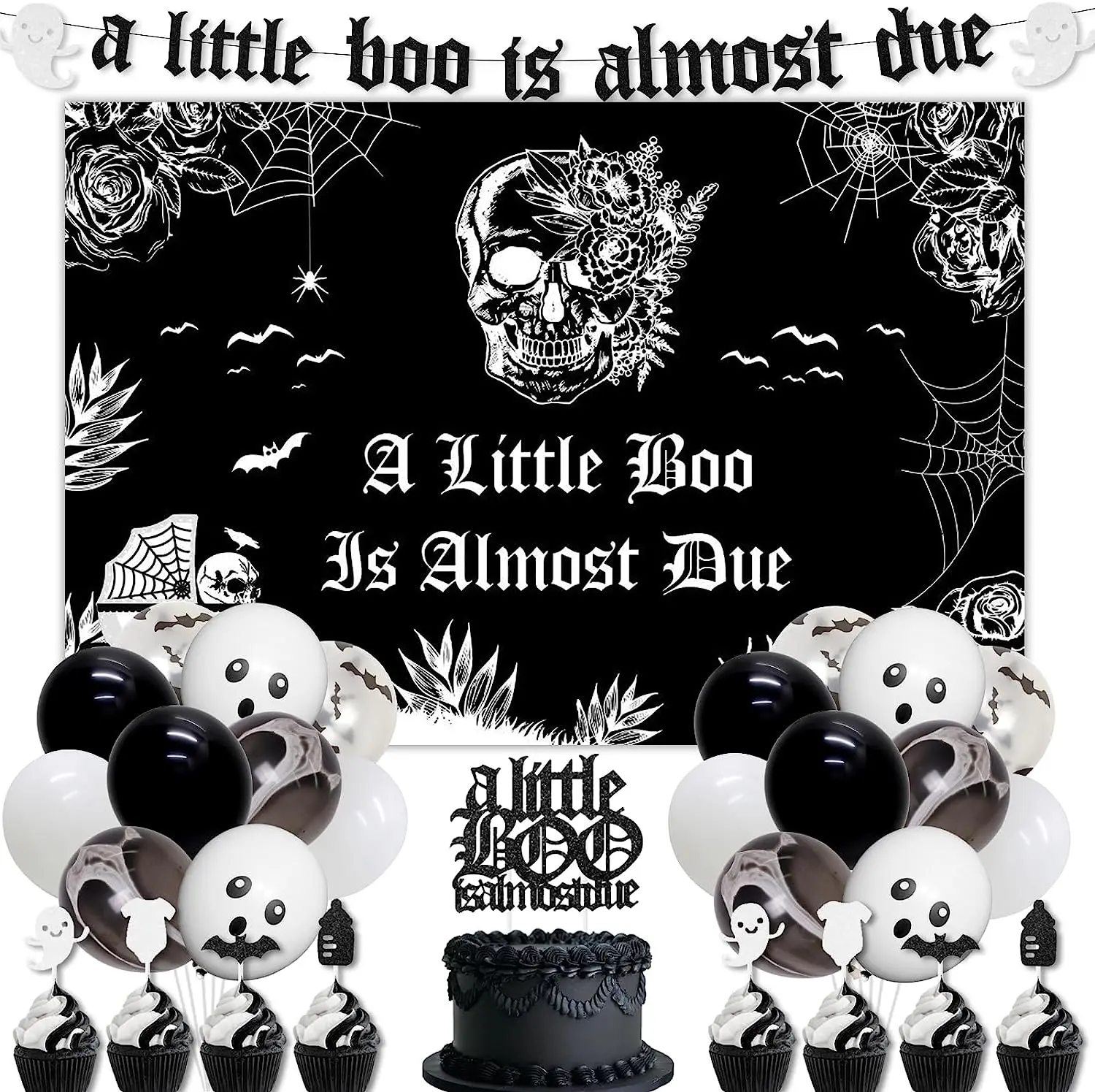 Gothic Baby Shower Party Decorations Set, Black Banner Balloons for Pregnancy Gender Reveal, A Little Boo Is Just Due