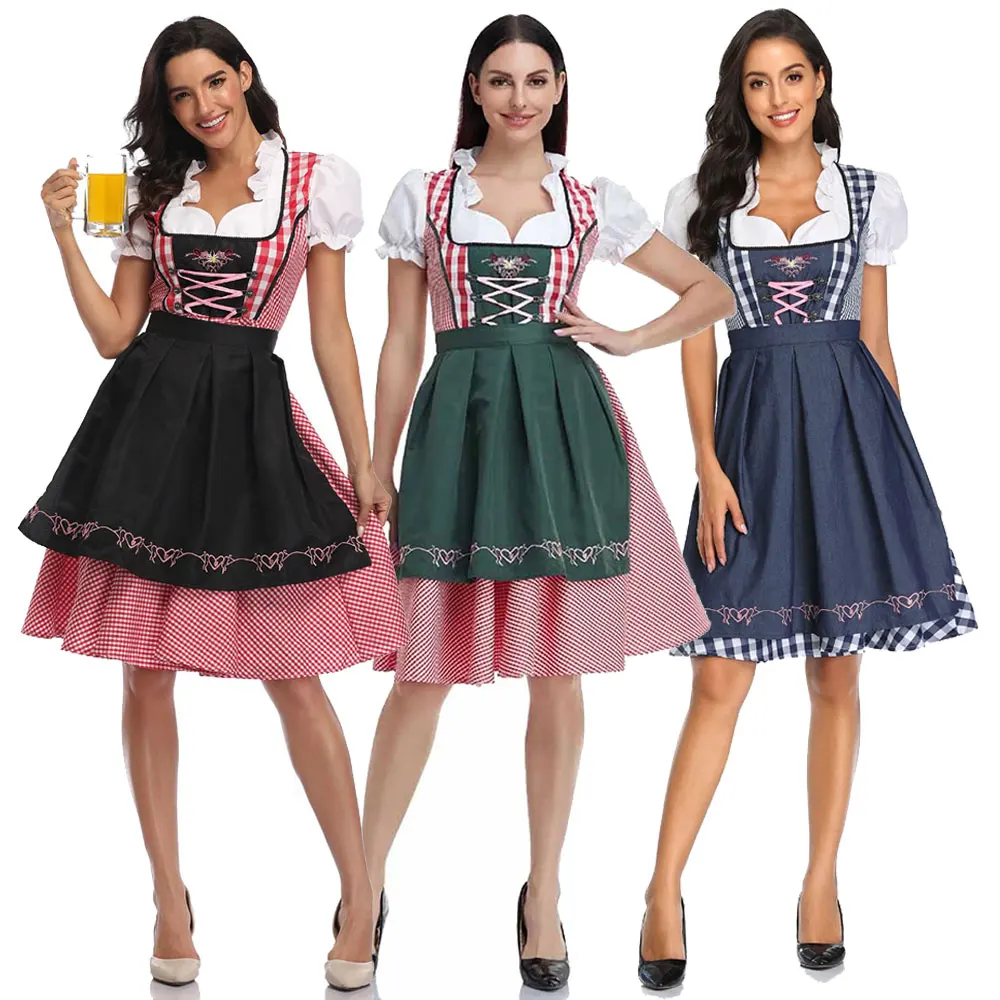 Female Traditional Bavarian Octoberfest Dresses German Beer Wench Costume Adult Plaid Oktoberfest Dirndl Dress With Apron