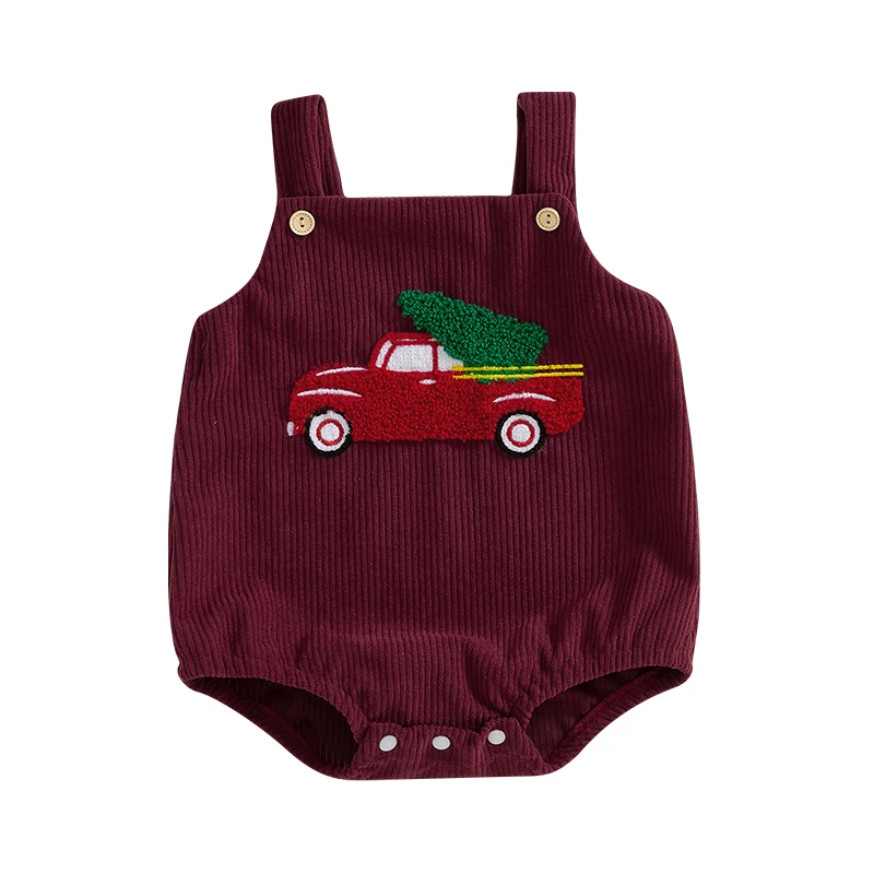 Baby Girls Boys Ovrealls Rompers Christmas Clothes Truck Embroidered Sleeveless Corduroy Infant Bodysuits