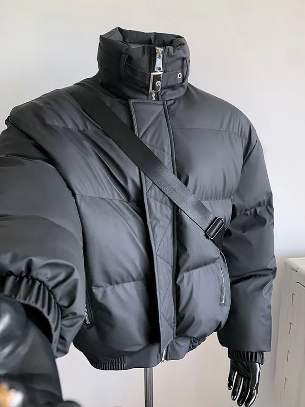 

Black Stand Collar Thickened down Cotton Jacket Men's Winter Fashion Lazy Style Bread Coat Warmth Youth Casual Zipper Closure