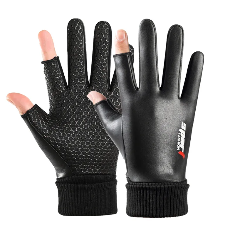 AliExpress PU Leather Gloves Cycling Men Winter Autumn Anti-Slip Gloves Driving Two-Fingerless Outdoor Warm Windproof Waterproof Gloves