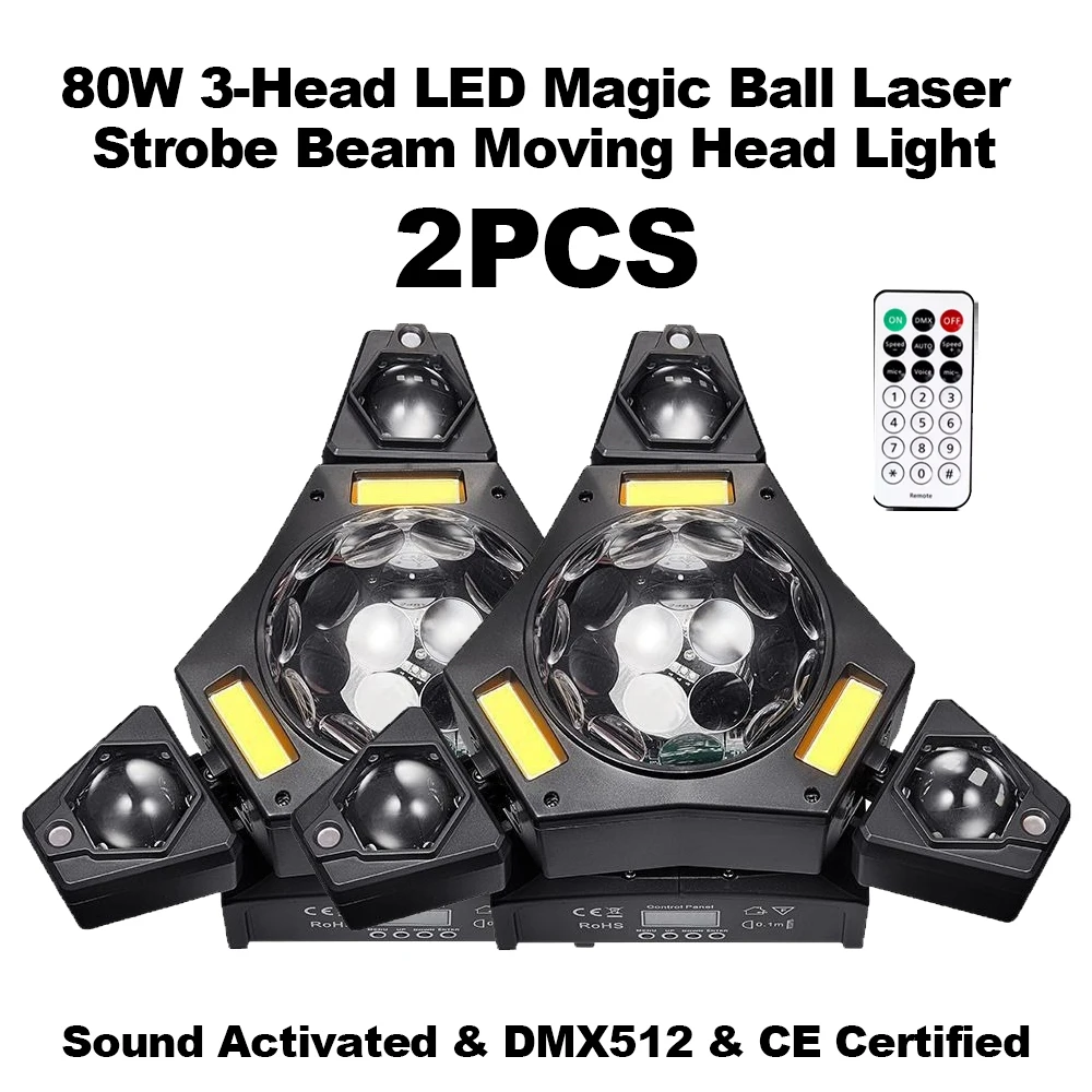 

1/2PCS 80W 3-Head LED Magic Ball Laser Strobe Moving Head Light RGBW DMX512 Sound Activated 20 CH for Bar KTV Home Party Disco
