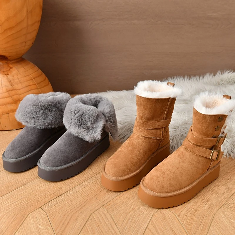 المرأة الدافئة منتصف العجل الأحذية نمط جديد عكسها الشتاء المخملية اليومية سميكة سوليد زيادة كم الأحذية بسيطة الثلوج الأحذية #1