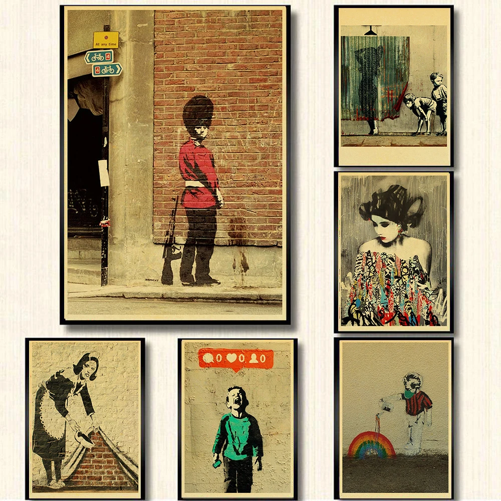 

Classic Banksy Street Art Poster Kraft Collection Home Room Bar Cafe Door Funny Wall Sticker Decorative Gift Picture Painting