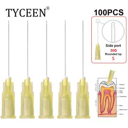 Punta de aguja de irrigación Dental, jeringa de endodoncia con orificio lateral cerrado, punta de aguja de lavado de Canal radicular, 25G/27G/30GA, 100 piezas