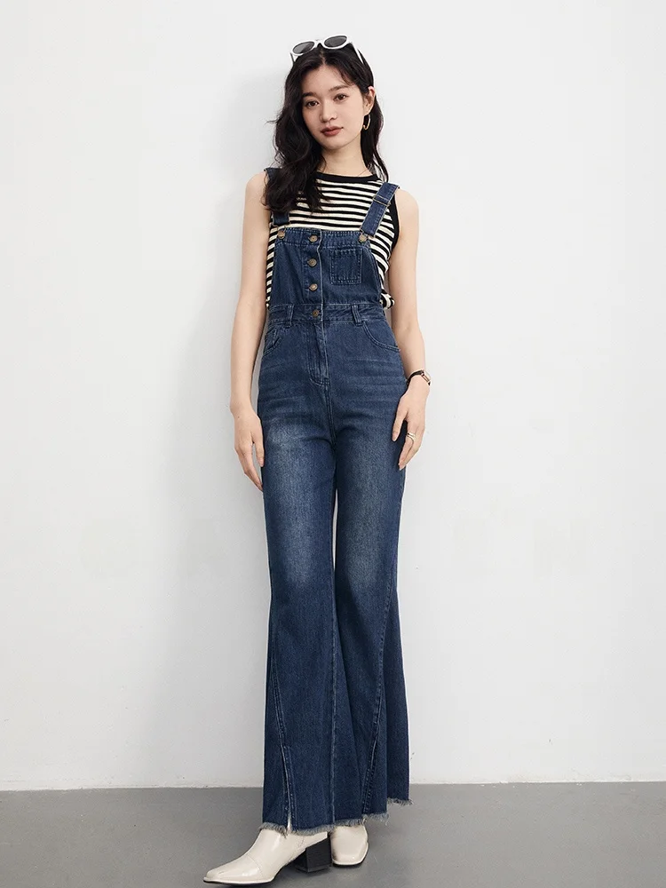 

Джинсовый комбинезон Gansan с высокой талией, широкими штанинами и микро-клешем, женские модные брюки с разрезами, длинные, темных оттенков