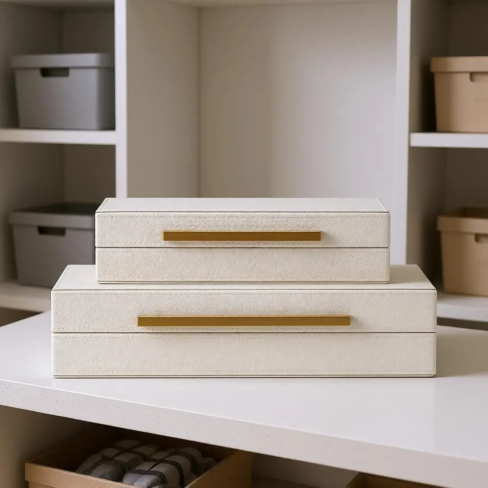 

Beige Shagreen Decorative Storage Boxes with Gold Metal Handles – Faux Leather Jewelry & Memory Boxes, Nesting Photo Organizers