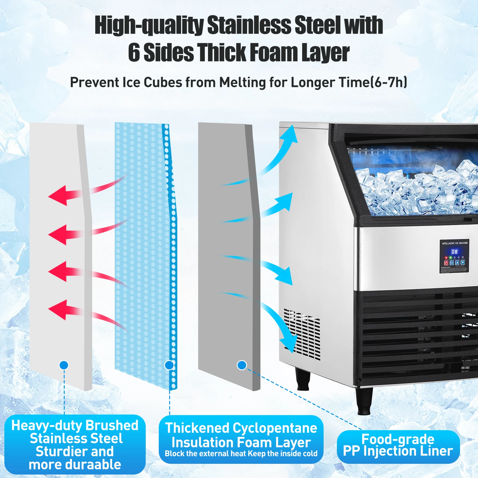 Commercial Ice Maker Machine 300lbs/24H,with 100lbs Ice Storage Capacity,Under Counter Stainless Steel Self Cleaning Ice Machine