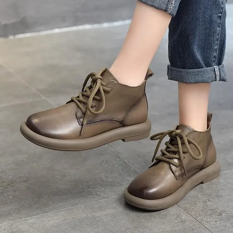 2024 Hot New Vintage Ankle Boots Women Lace-up Flat Casual Round Head Women's Shoes