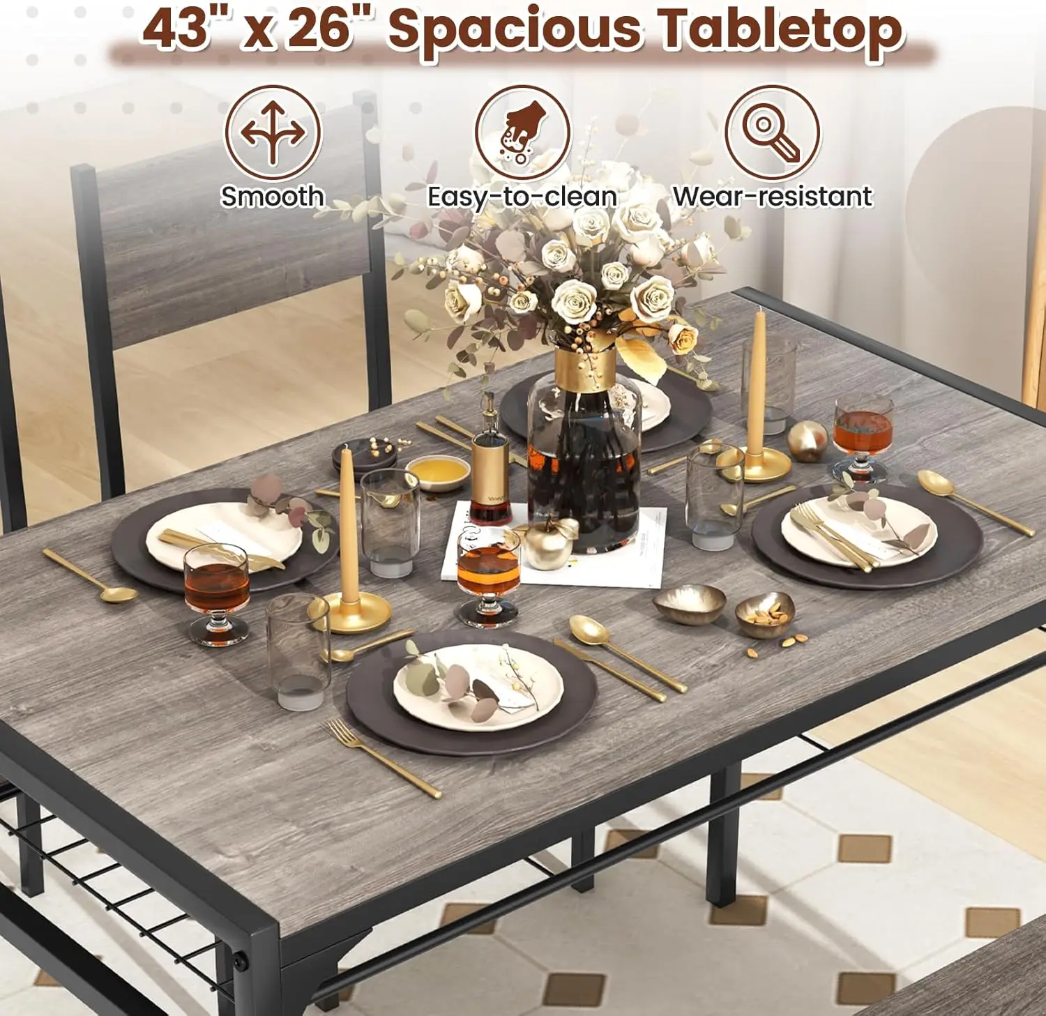 Pieces Dining Table Set, Kitchen Table and 2 Chairs for 4 with Bench, Storage Racks, Metal Frame & Space-saving Design, Industri