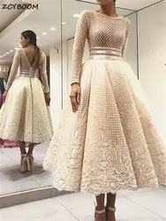 Customized Elegant Champagne A-Line Evening Dress 2024 Tea Length Appliques Cocktail Party Women Prom Gown فساتين مناسبة رسمية