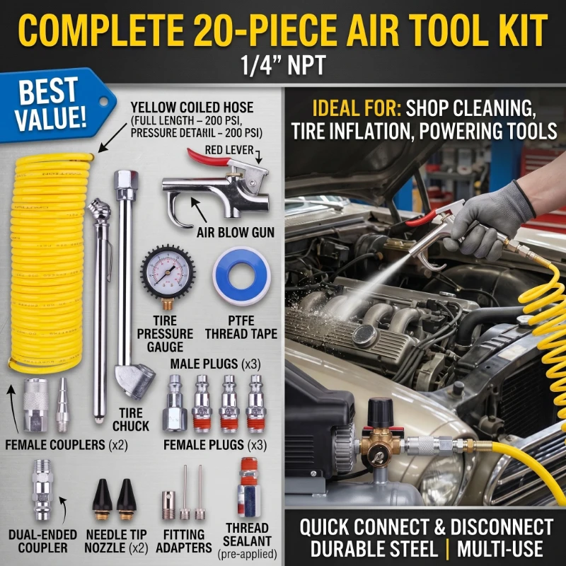 

20 Pcs Sets Air Nozzle and Blow Gun Kit Quick Connector Pneumatic Car Maintenance Tools for Air Compressor Inflation Dedusting