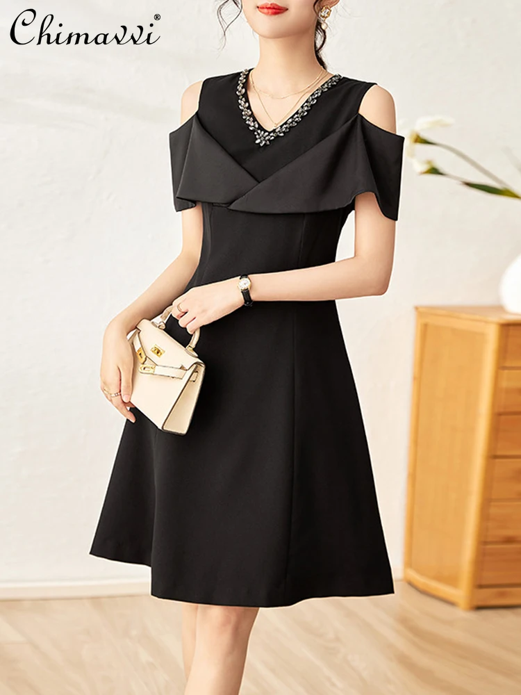 

French Elegant Commuter Diamond V-Neck Off-Shoulder Short Sleeve High Waist A-line Sexy Temperament Black Dress For Women Summer