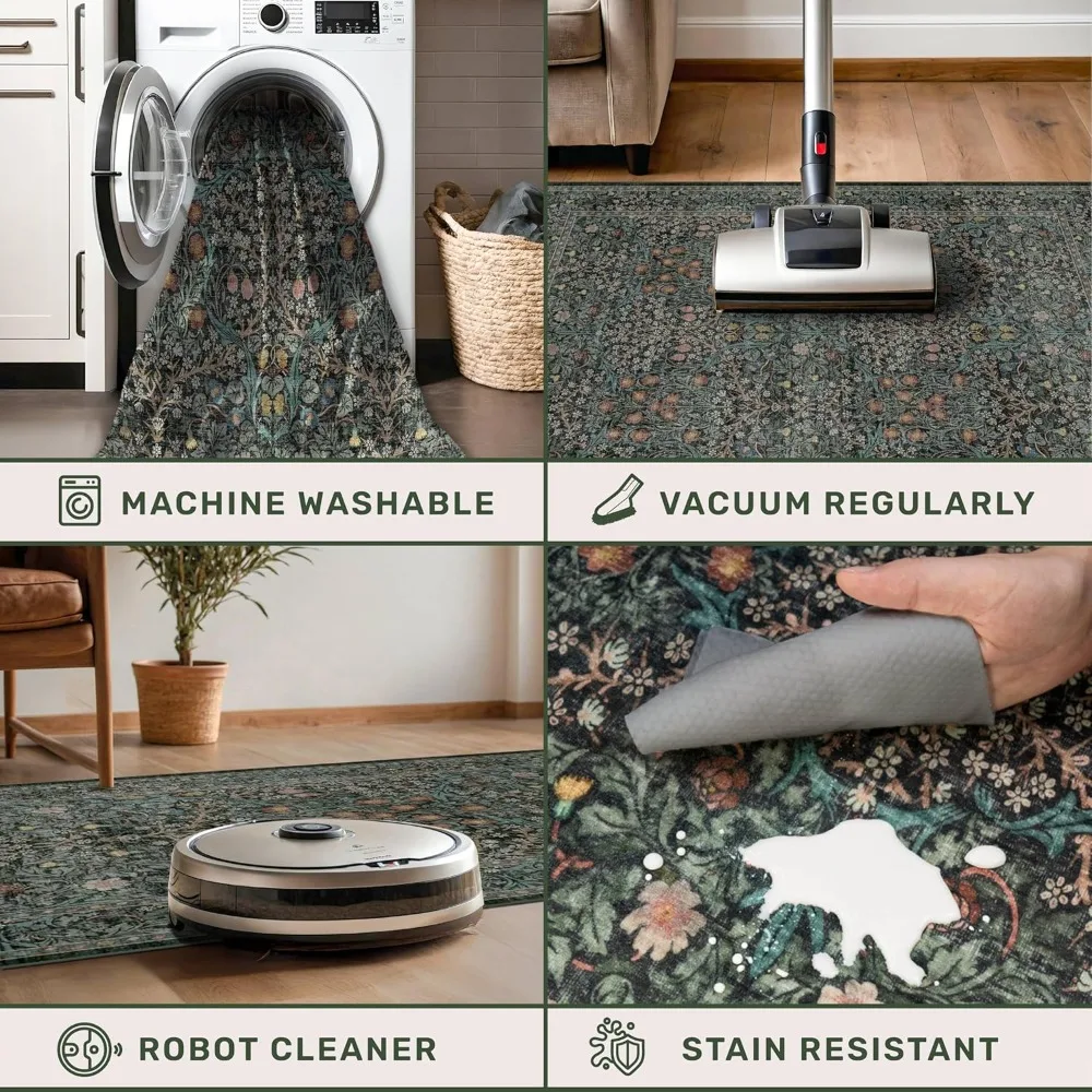 سجادة أنيقة باللون الأخضر الداكن مقاس 8 × 10، سجادة منطقة قابلة للغسل لتناول الطعام والمطبخ وغرفة النوم، نمط شرقي منخفض الكومة