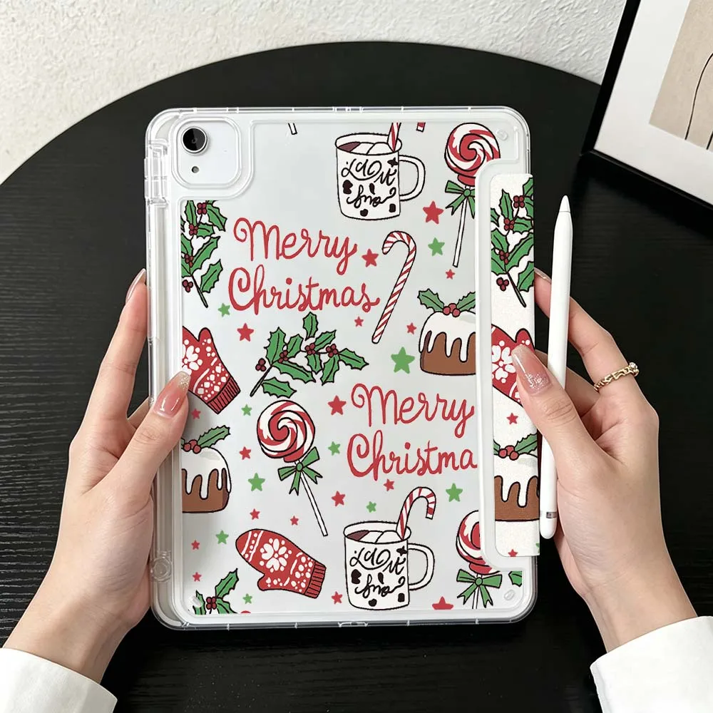 Xmas Pattern Sticker Case For iPad Mini Pro Air 5 6 7 8 9 10th 11th 11 9.7 10.9 13 inch Transparent Y-Shaped Folding Tablet