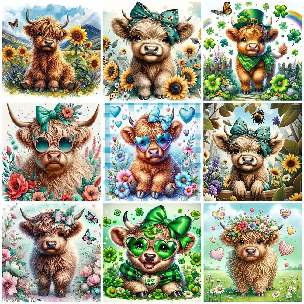 Oil Painting By Numbers Adorable Highland Cow With Flowers Canvas Unframed DIY Painting Kit Farm Animal Aesthetic Home Wall Art