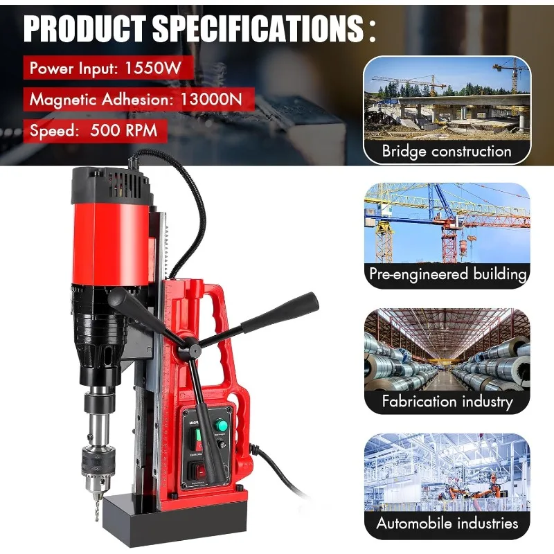 Magnetic Drill Press, 1550W 500RPM Portable Mag Drill Press, 10-Speed Core Drilling Machine for Metal Working,3Pcs Drill Bits