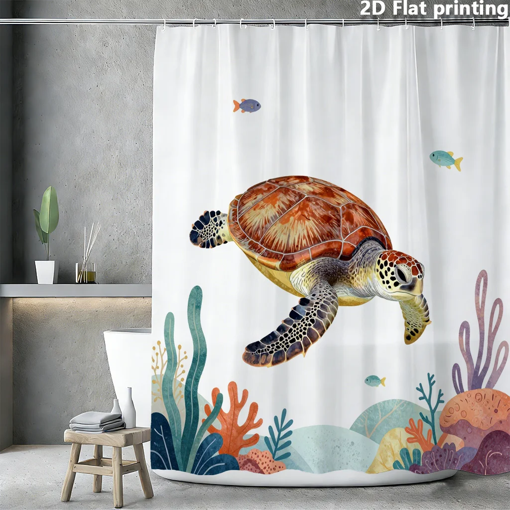 

Sea Turtle Tropical Reef Shower Curtain – Colorful Fish & Coral, 2D Flat Print, Polyester, 70.8"x70.8"Inches