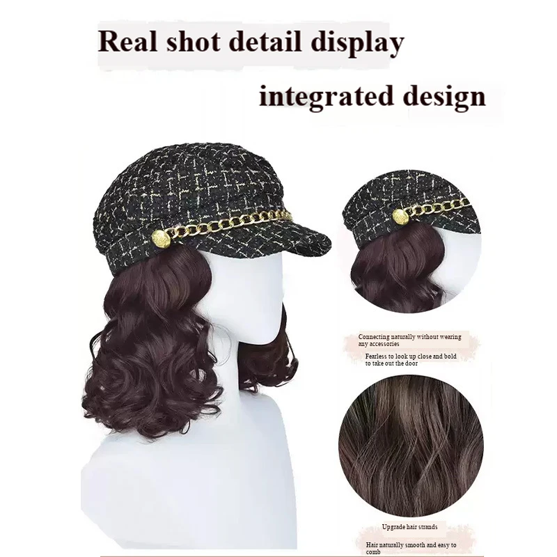Women's 12 Inch Short Wavy Synthetic Hat Wig 2 in 1 Heat Resistant Fiber Short Curly Wig Fashion Daily Wear Ladies Cap Wig
