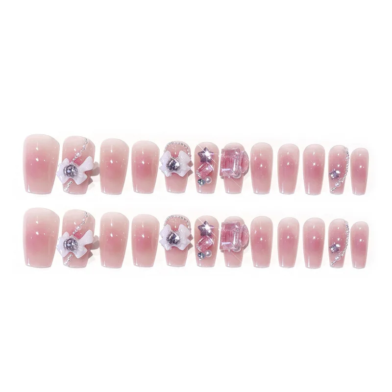 24 stücke rosa quadratisches mittellanges Drücken auf Nägel 3d Strass Luxus billige Mädchen kawaii falsche Nägel niedliche süße künstliche Nägel mit Kleber