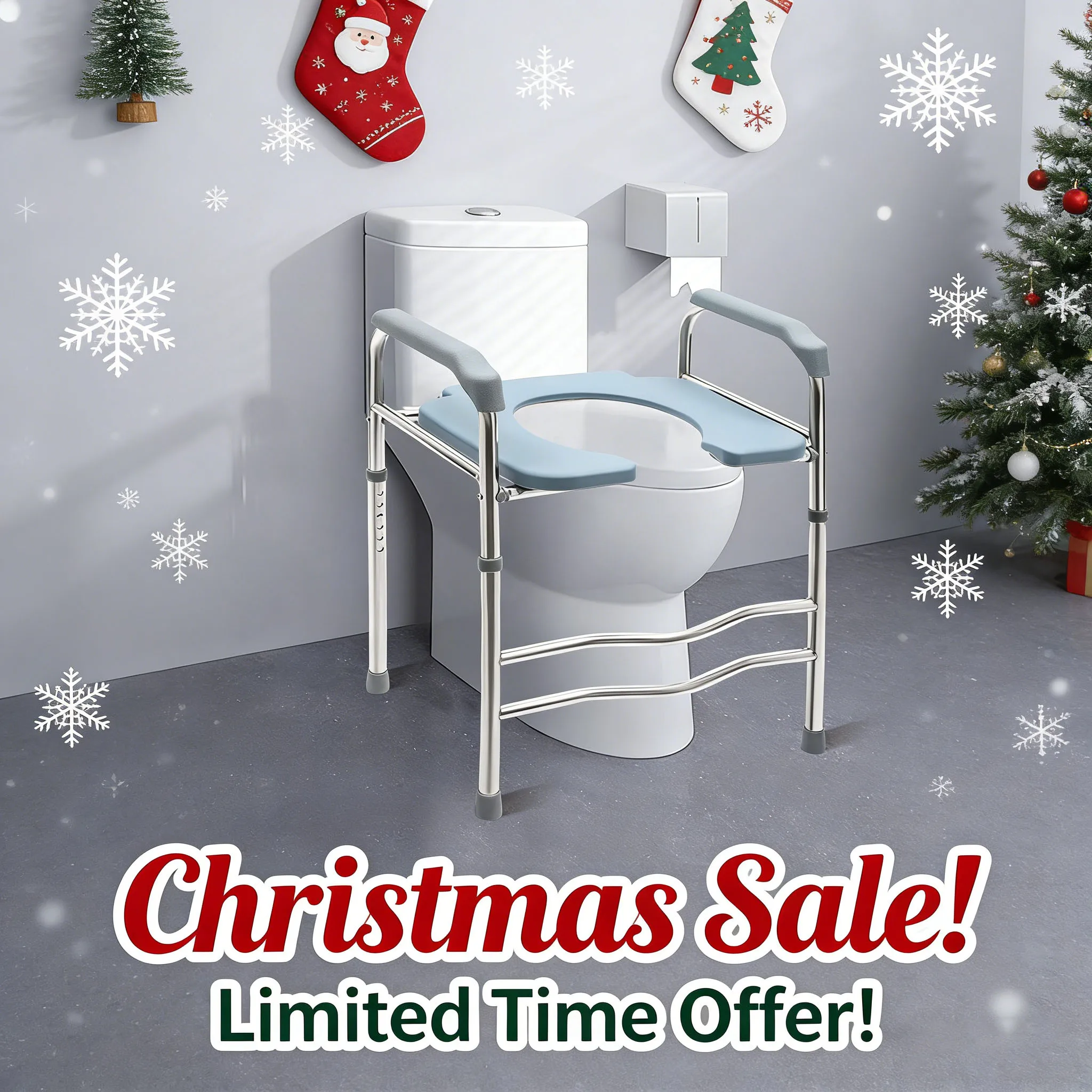 

Toilet Seat Riser, Adjustable Height Toilet Seat Riser W/ Grab Bars, Heavy Duty 275lbs Capacity Stainless Steel Frame, Christmas