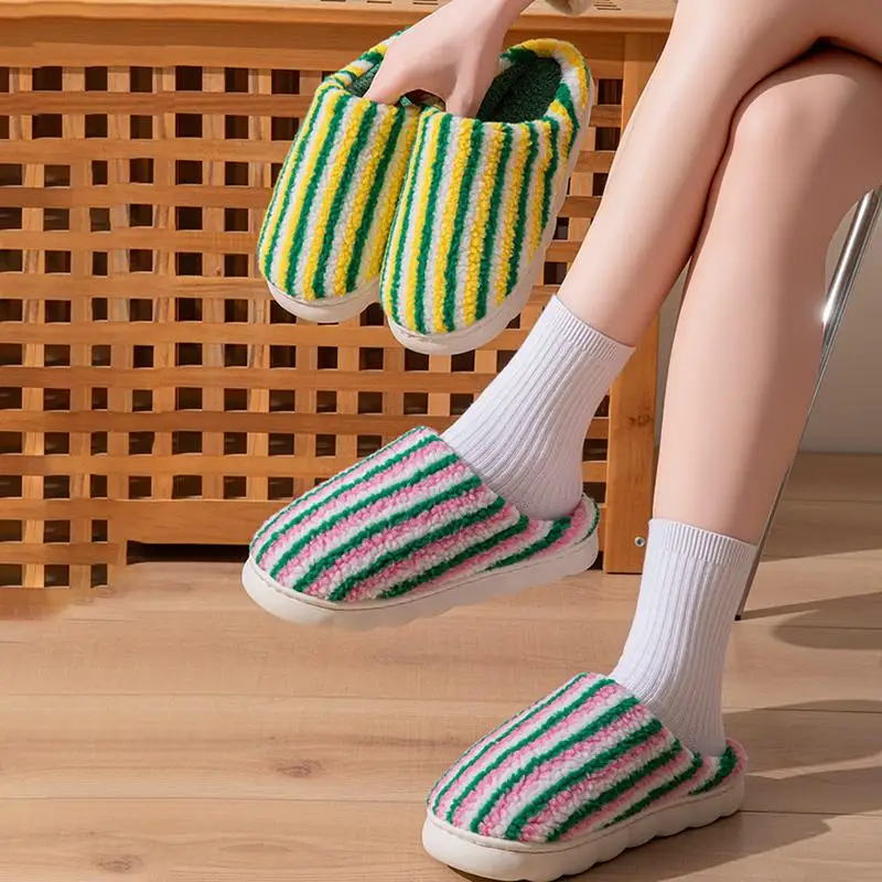 Modische Plüsch-Streifen-Hausschuhe für Damen Herbst Winter 2026 Dicke Plattform Baumwoll-Pantoffeln Warme Flauschige Rutschfeste Schuhe – Detail 10