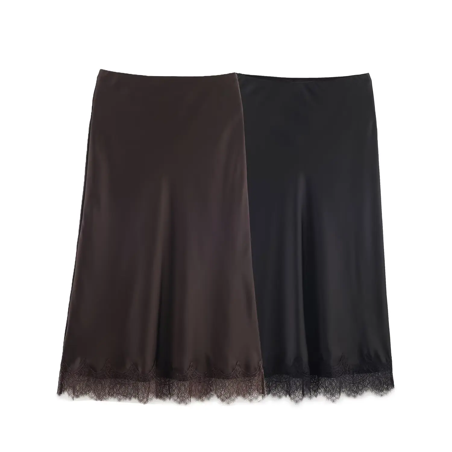 Bsay bainha renda cetim saia roupas femininas 2025 outono novo chique feminino marrom francês elegante longo cintura alta midi saias mujer