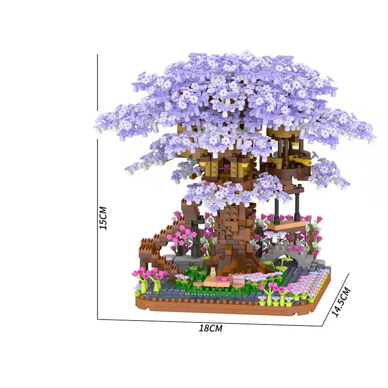 Mini Sakura Tree House com luzes, blocos de construção, modelo de tijolos, flor de cerejeira, City Street View, brinquedos para crianças, presente